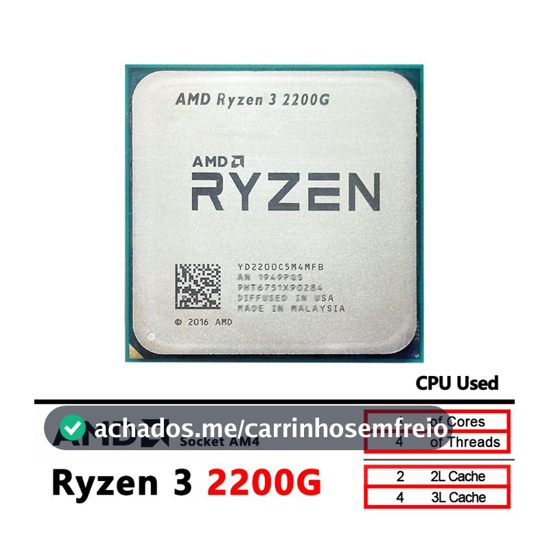 Processador AMD Ryzen 3 2200G Usado, R3 2200G, 4 Núcleos, 4 Threads, 65W, 14NM, Zen, Soquete AM4