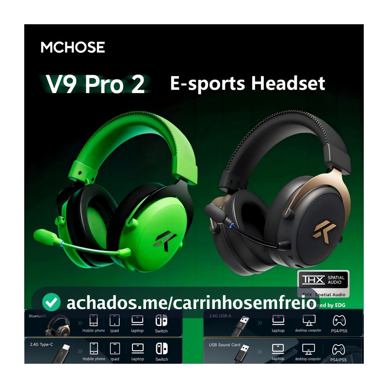 MCHOSE V9 Pro 2 Headset Gamer Sem Fio para E-sports, 4 Modos de Áudio Espacial THX, Driver de 53mm, Over-Ear, Bateria de 300h, Co-ajustado pela EDG