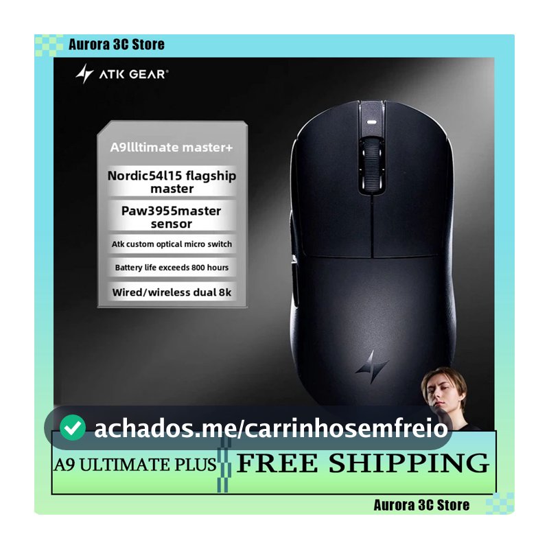 Mouse Gamer ATK Dragonfly A9 Air Ultimate Plus 8K com Sensores PAW3955Master/Paw3950Ultra para FPS