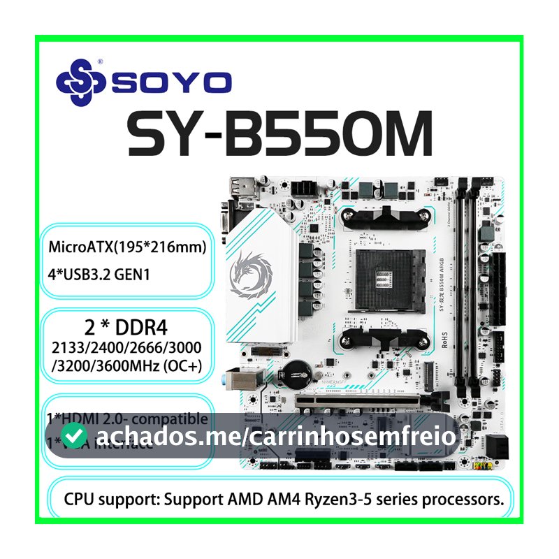 Soyo amd b550m placa-mãe para jogos usb3.1 m.2 nvme sata3 ddr4 canal duplo suporta ryzen r3 r5 r7 3000 4000 5000 cpu am4 soquete