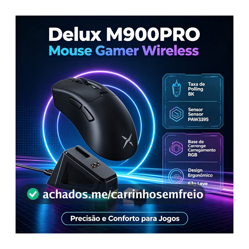Mouse Gamer Sem Fio Delux M900PRO, Taxa de Polling de 8K, Bateria de 500mAh, PAW3395, Dock de Carregamento RGB, Leve com 63g